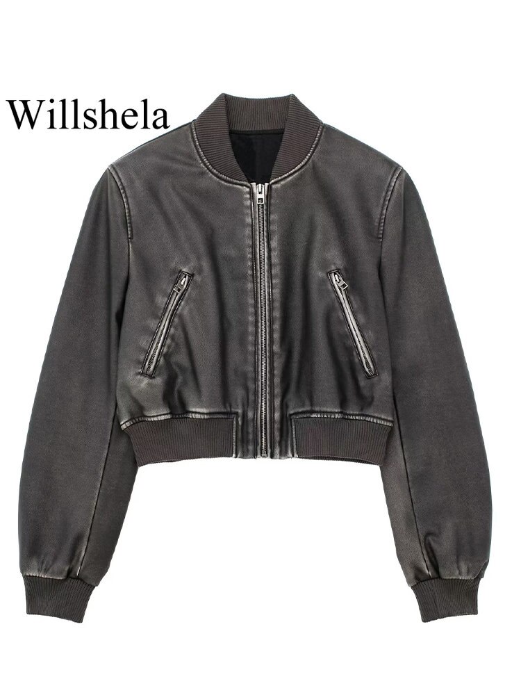 Willshela Women Fashion With Pockets Faux Leather Bomber Jacket Black Front Zipper Vintage O-Neck Long Sleeves Female Chic Lady
